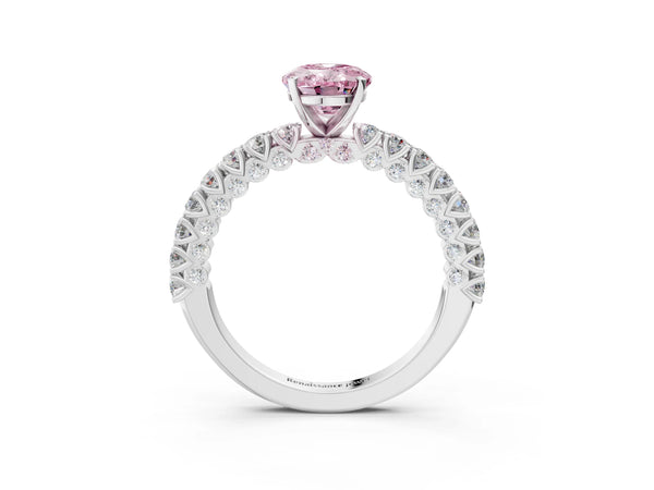 Platinum Fancy Pink Oval Cut Diamond Pavé Band Solitaire Ring with Prong Setting