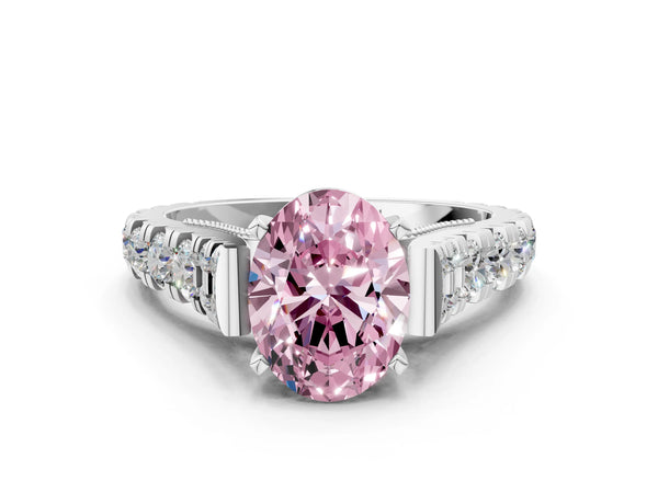 White gold Fancy Pink Oval Cut Diamond Classic Solitaire Ring with Pavé Band and Four-Prong Setting