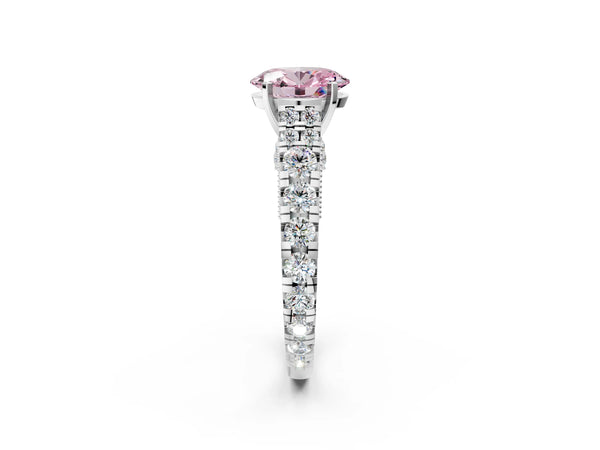 White gold Fancy Pink Oval Cut Diamond Classic Solitaire Ring with Pavé Band and Four-Prong Setting