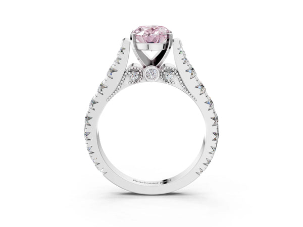 White gold Fancy Pink Oval Cut Diamond Classic Solitaire Ring with Pavé Band and Four-Prong Setting