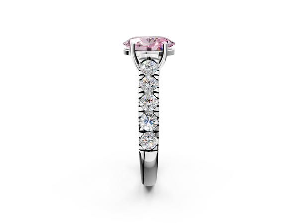 Platinum Fancy Pink Oval  Cut Diamond Solitaire Ring with Micro Pave Band and Prong Setting