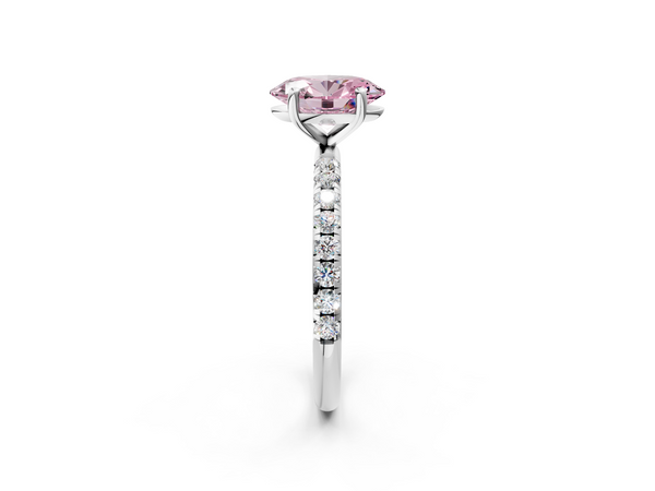 White gold Fancy Pink Oval  Cut Diamond Solitaire Ring with Micro Pave Band and Four Prong Setting