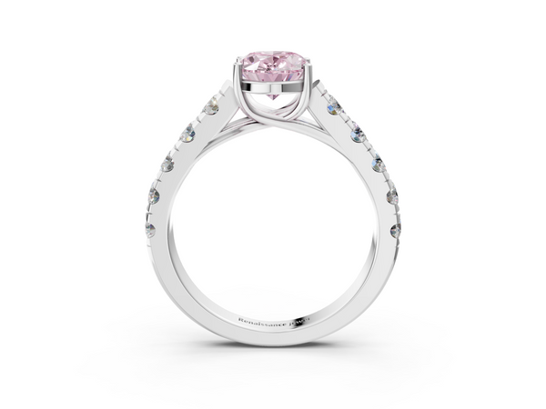 Platinum Fancy Pink Oval  Cut Diamond Solitaire Ring with Micro Pave Band and Prong Setting