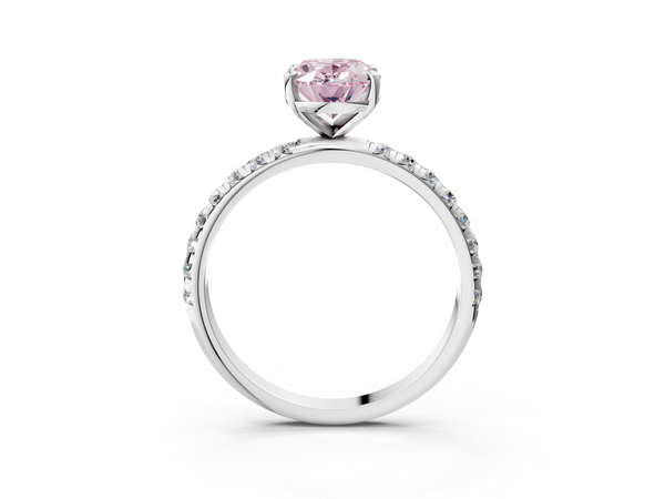 White gold Fancy Pink Oval  Cut Diamond Solitaire Ring with Micro Pave Band and Four Prong Setting