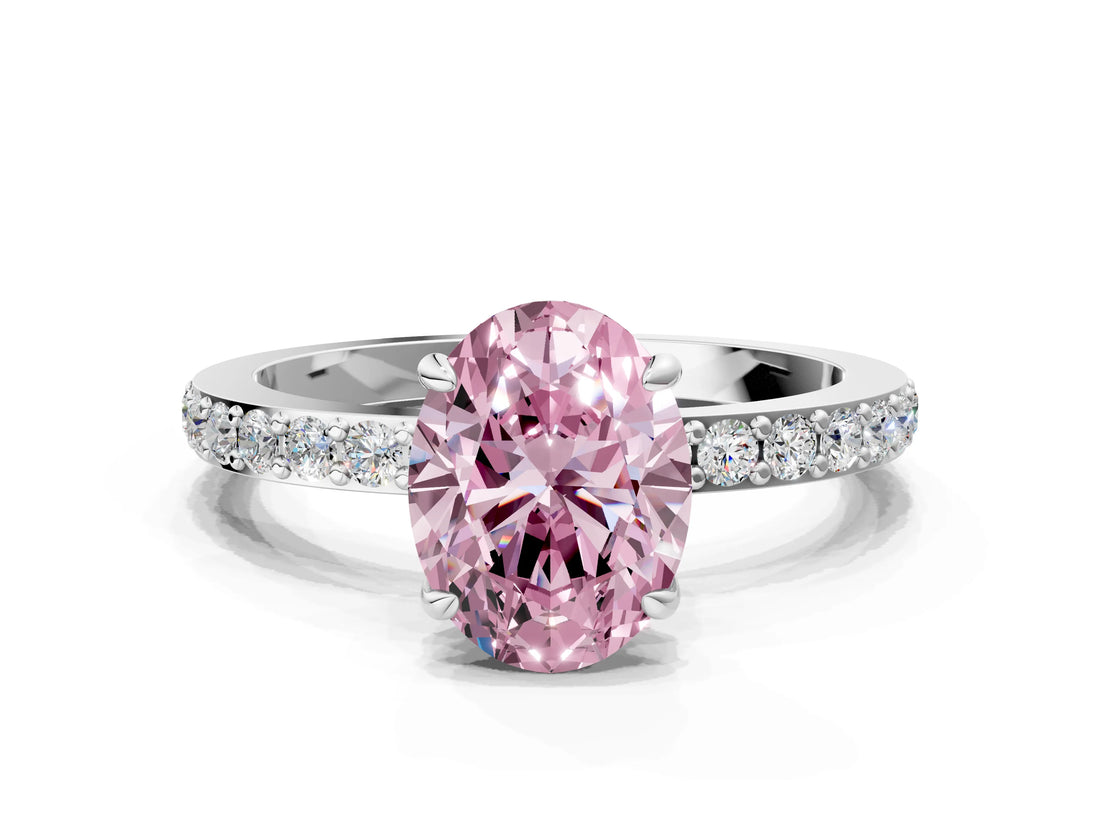 White gold Fancy Pink Oval Cut Diamond Pavé Engagement Ring with Round  Accents and Prong Setting_125