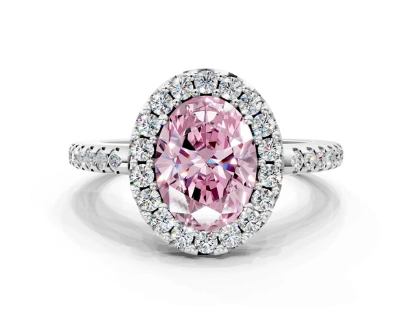 Platinum Fancy Pink Oval Cut Diamond Pavé Halo Ring with Four-Prong Setting