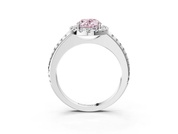 Platinum Fancy Pink Oval Cut Diamond Pavé Halo Ring with Four-Prong Setting
