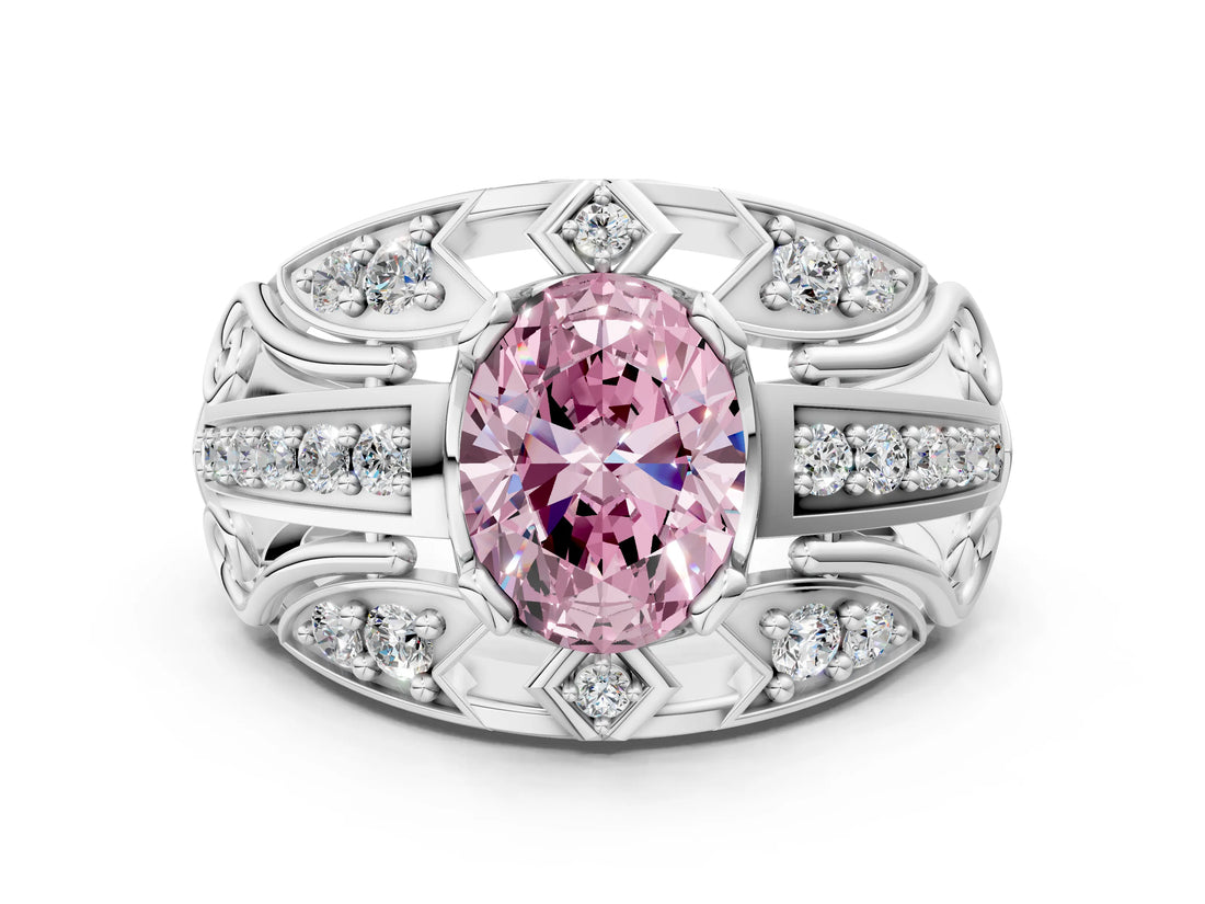 White gold Fancy Pink Oval Cut Diamond Pave Art Deco Split Shank Ring with Four-Prong Setting