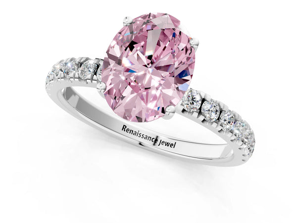 White gold Fancy Pink Oval Cut Diamond Pave Band Solitaire Ring with Round  and Prong Setting