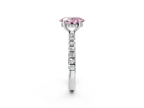 White gold Fancy Pink Oval Cut Diamond Pave Band Solitaire Ring with Round  and Prong Setting