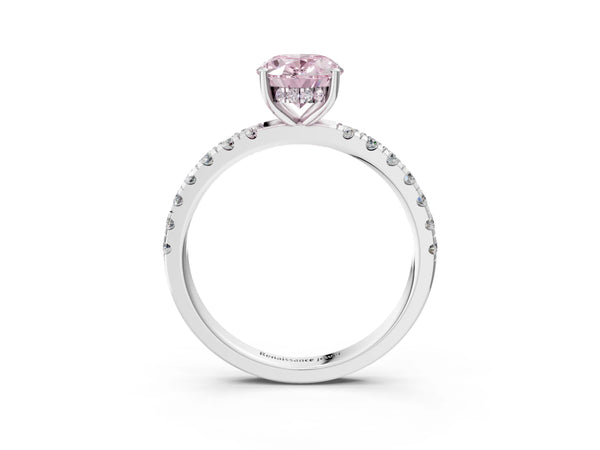White gold Fancy Pink Oval Cut Diamond Pave Band Solitaire Ring with Round  and Prong Setting