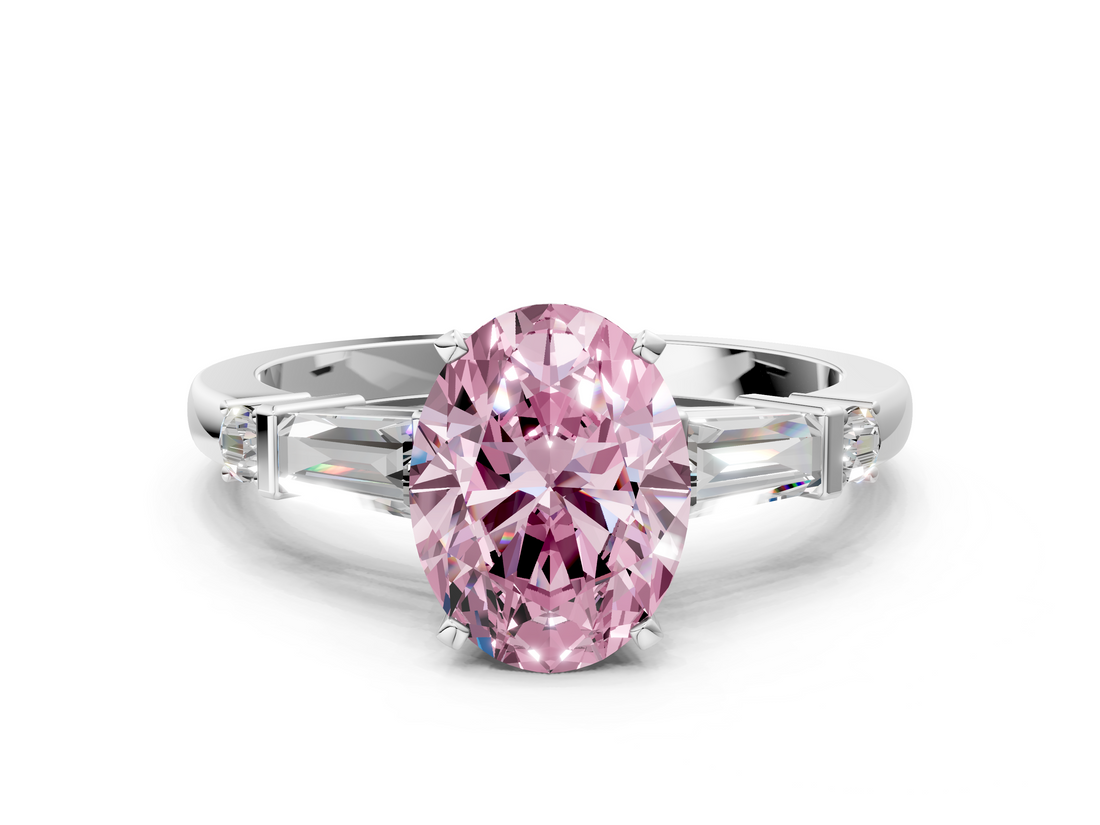 White gold Fancy Pink Oval  Cut Diamond Ring with Baguette Side Stones, Channel Set Band, and Four-Prong Setting_3