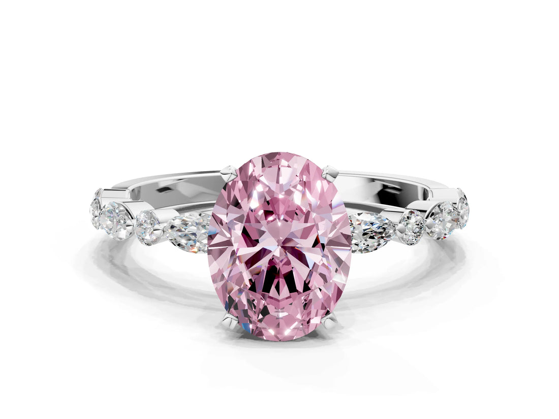 White gold Fancy Pink Oval Cut Diamond Ring with Marquise and Round  Side Stones and Four-Prong Setting_100