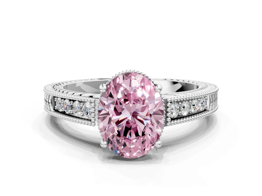 White gold Fancy Pink Oval Cut Diamond Ring with Milgrain Pavé Band and Four-Prong Setting_32