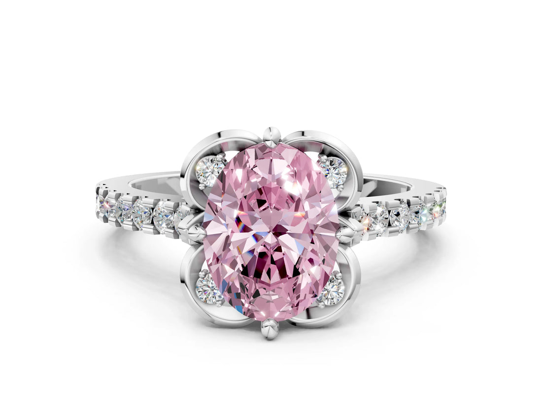 White gold Fancy Pink Oval Cut Diamond Ring with Pavé Band and Floral Prong Setting_39