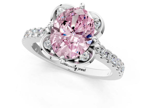 Platinum Oval Floral Petal Pave Engagement Ring Setting for Fancy Pink Center