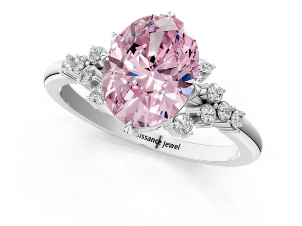 White gold Fancy Pink Oval Cut Diamond Ring with Side Stones and Four-Prong Setting