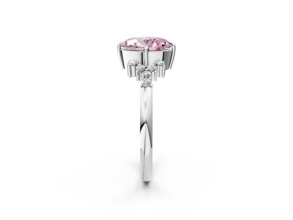White gold Fancy Pink Oval Cut Diamond Ring with Side Stones and Four-Prong Setting