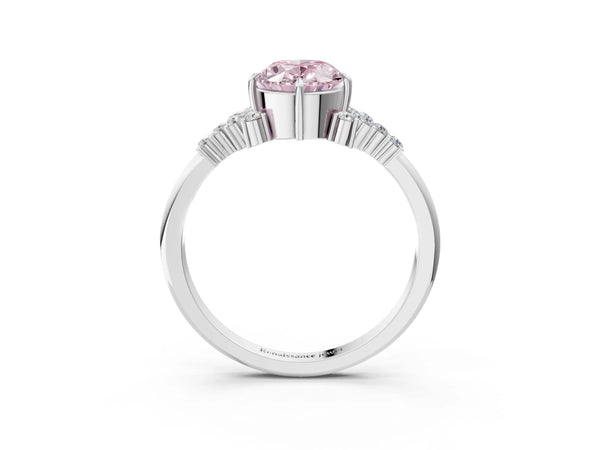 White gold Fancy Pink Oval Cut Diamond Ring with Side Stones and Four-Prong Setting