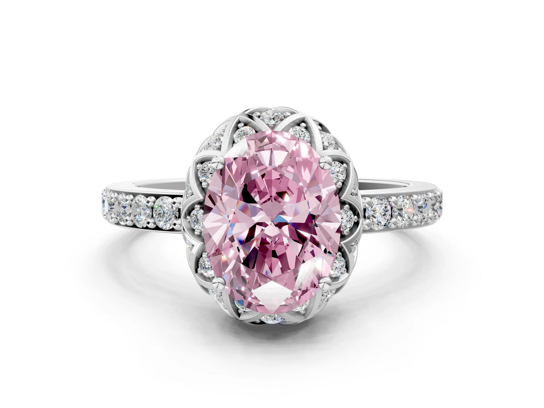 White gold Fancy Pink Oval Cut Diamond Scalloped Halo Engagement Ring with Round Shared Prong Band_19