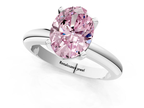 Platinum Fancy Pink Oval Cut Diamond Solitaire Engagement Ring with Round Band and Four-Prong Setting