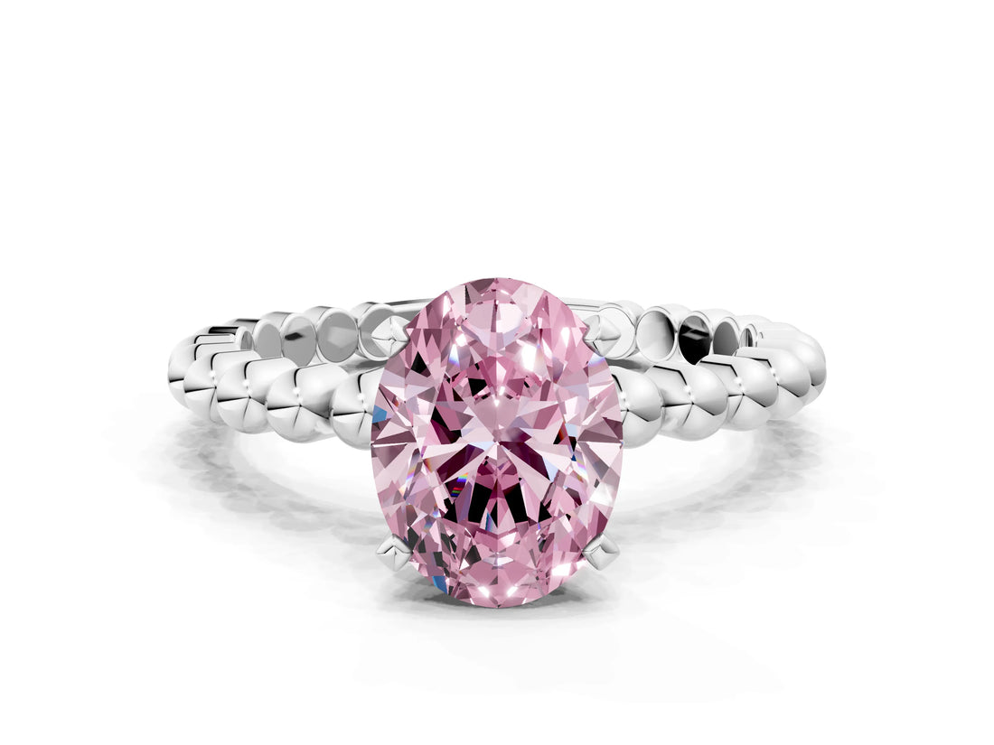 White gold Fancy Pink Oval Cut Diamond Solitaire Ring with Beaded Band and Prong Setting_410