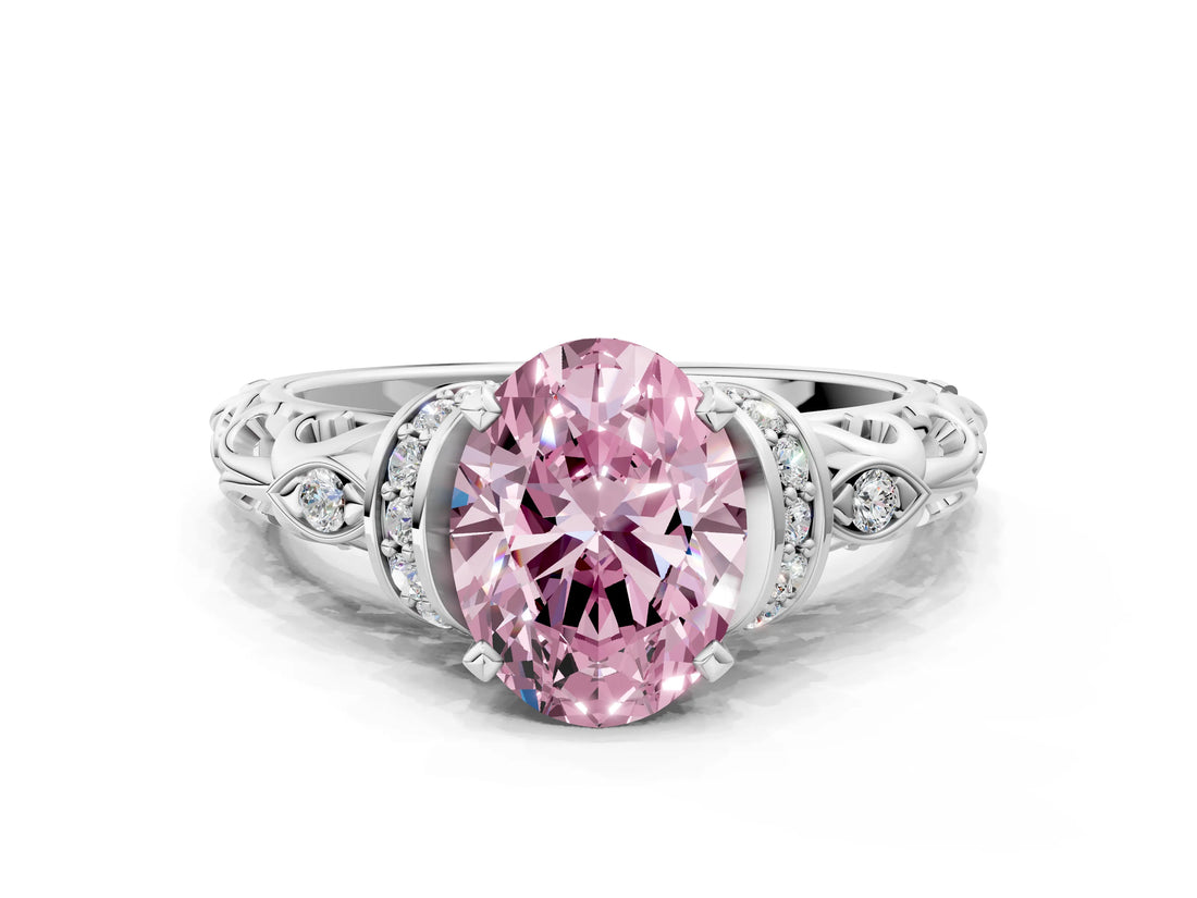 White gold Fancy Pink Oval Cut Diamond Solitaire Ring with Filigree Band and Four-Prong Setting_41