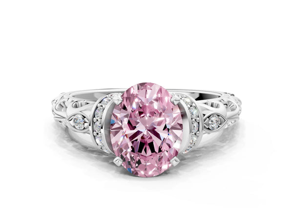 White gold Fancy Pink Oval Cut Diamond Solitaire Ring with Filigree Band and Four-Prong Setting