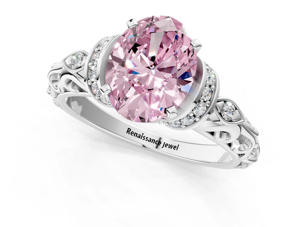 White gold Fancy Pink Oval Cut Diamond Solitaire Ring with Filigree Band and Four-Prong Setting