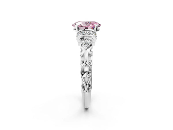White gold Fancy Pink Oval Cut Diamond Solitaire Ring with Filigree Band and Four-Prong Setting