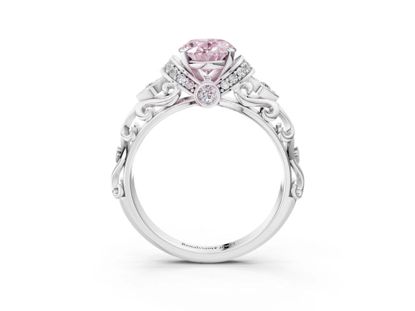 White gold Fancy Pink Oval Cut Diamond Solitaire Ring with Filigree Band and Four-Prong Setting