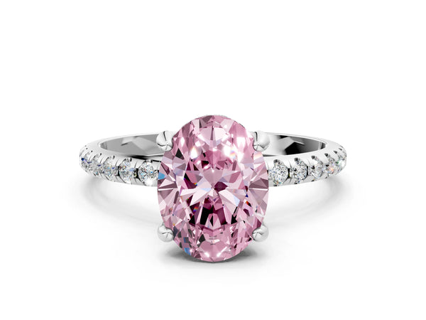 Platinum Fancy Pink Oval Cut Diamond Solitaire Ring with Four-Prong Setting and Pavé Band