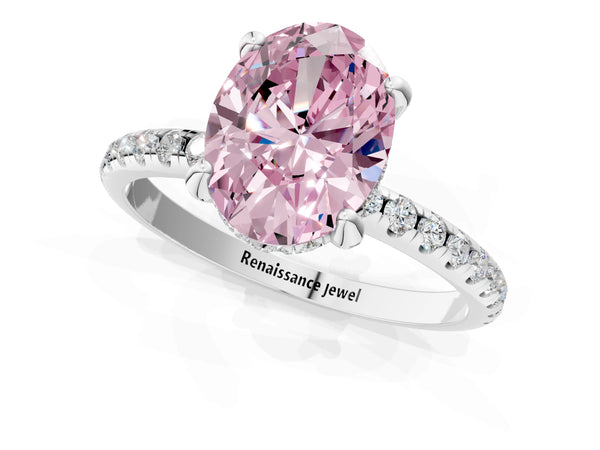 Platinum Fancy Pink Oval Cut Diamond Solitaire Ring with Four-Prong Setting and Pavé Band