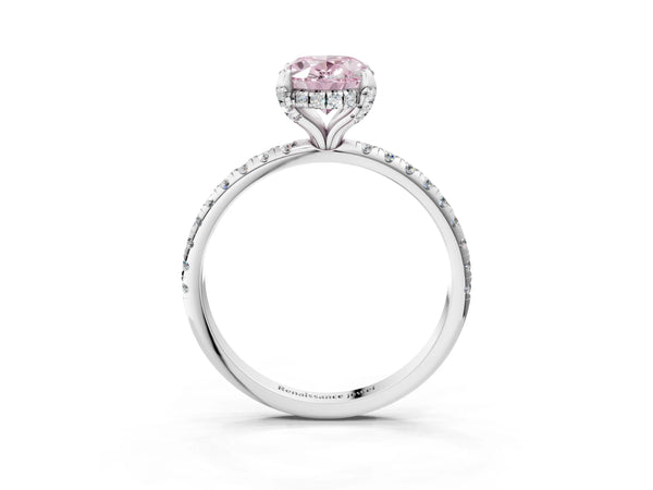 Platinum Fancy Pink Oval Cut Diamond Solitaire Ring with Four-Prong Setting and Pavé Band