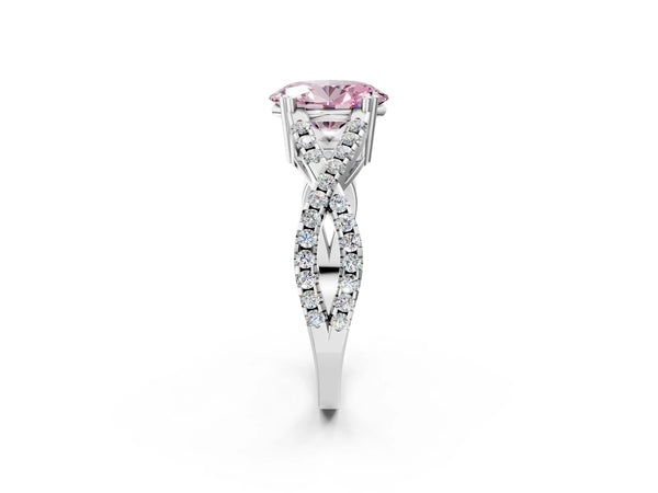 White gold Fancy Pink Oval Cut Diamond Solitaire Ring with Four-Prong Setting and Twisted Pavé Band