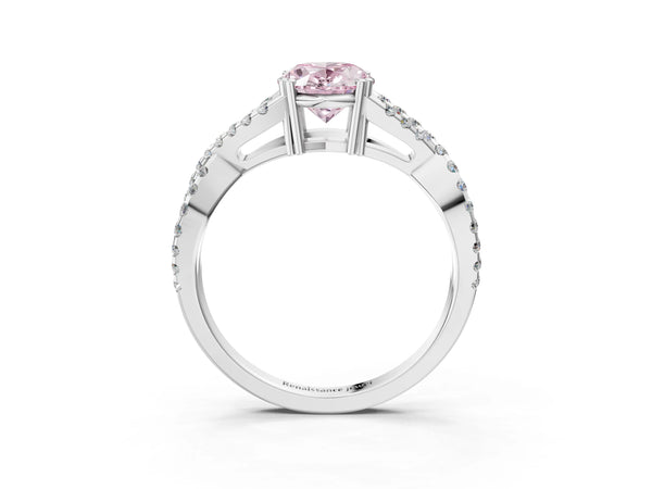 White gold Fancy Pink Oval Cut Diamond Solitaire Ring with Four-Prong Setting and Twisted Pavé Band