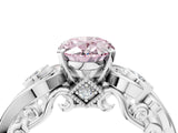 White gold Fancy Pink Oval Cut Diamond Solitaire Ring with Milgrain Pavé Band and Four-Prong Setting_229