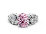 White gold Fancy Pink Oval Cut Diamond Solitaire Ring with Milgrain Pavé Band and Four-Prong Setting_250