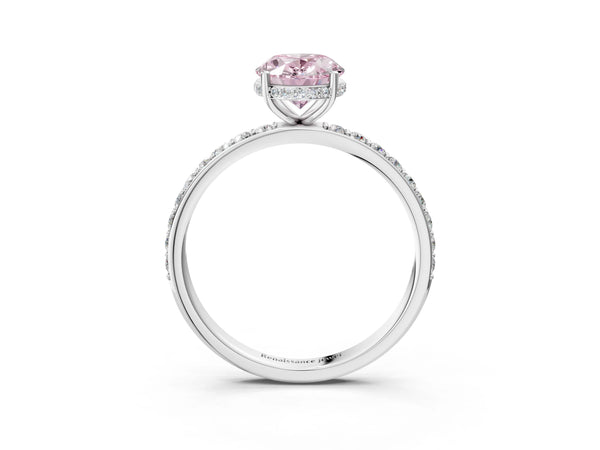 Platinum Fancy Pink Oval Cut Diamond Solitaire Ring with Pavé Band and Hidden Halo