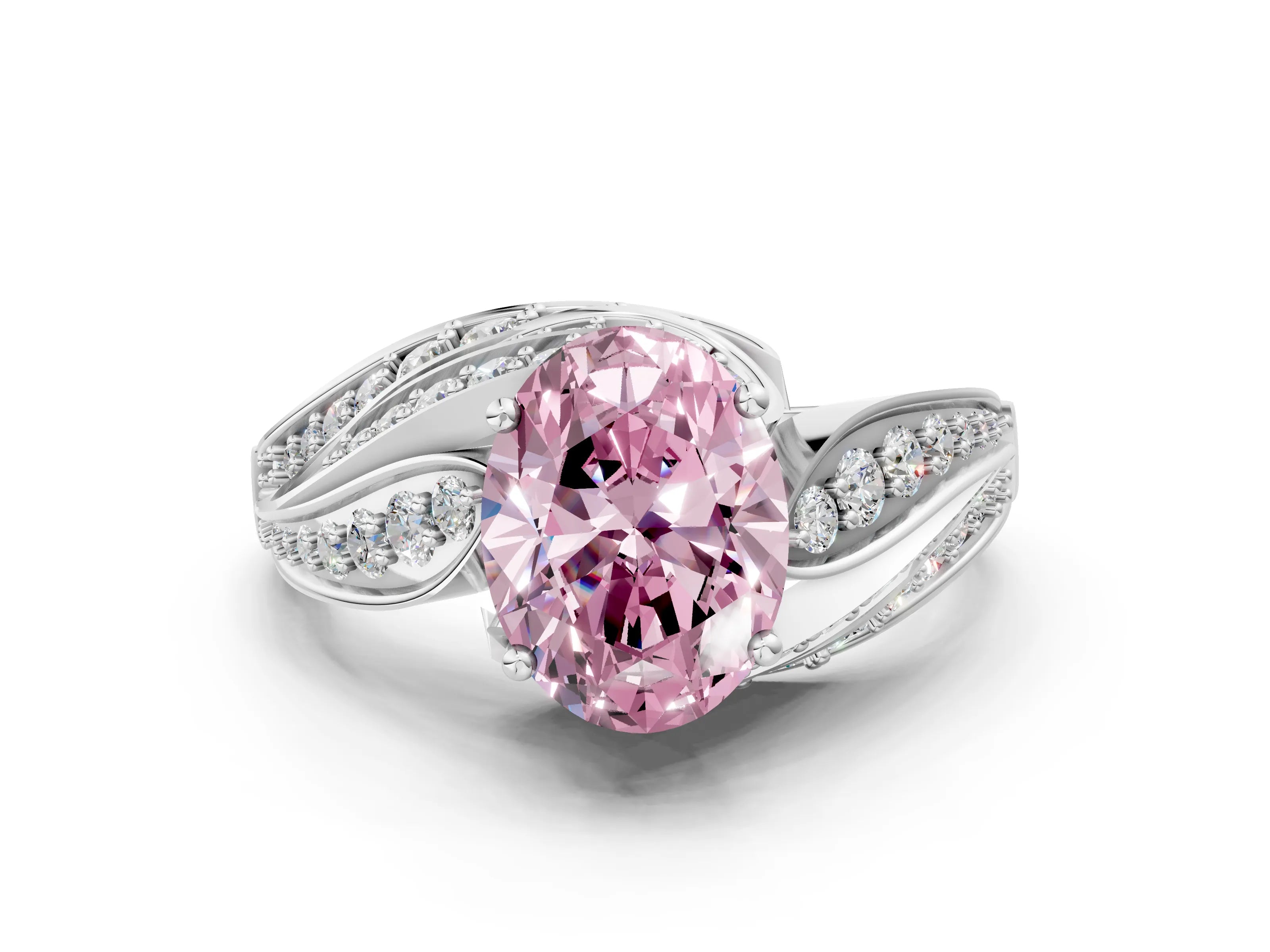 White gold Fancy Pink Oval Cut Diamond Solitaire Ring with Prong Setting and Twisted Pavé Band