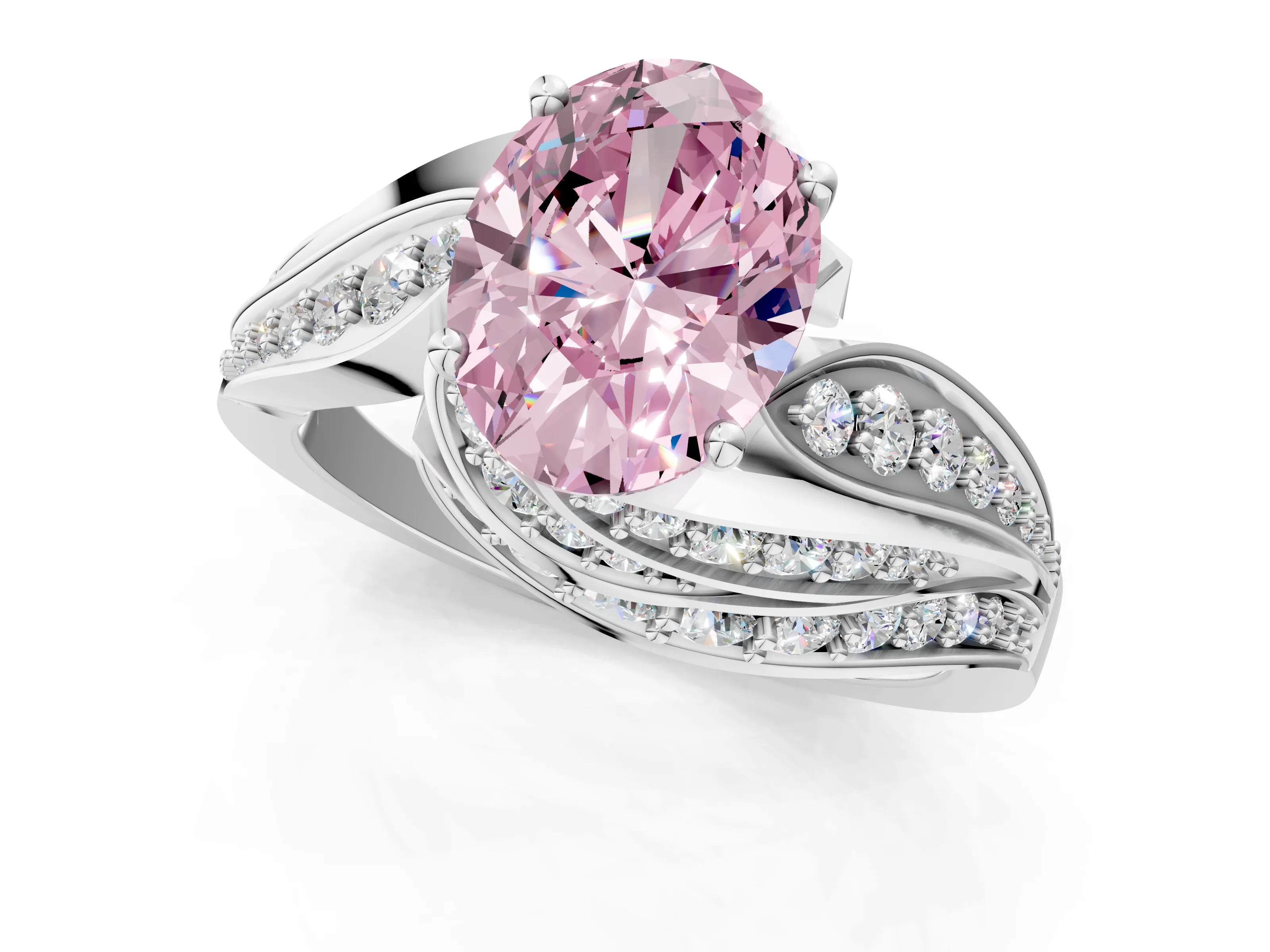 White gold Fancy Pink Oval Cut Diamond Solitaire Ring with Prong Setting and Twisted Pavé Band_1