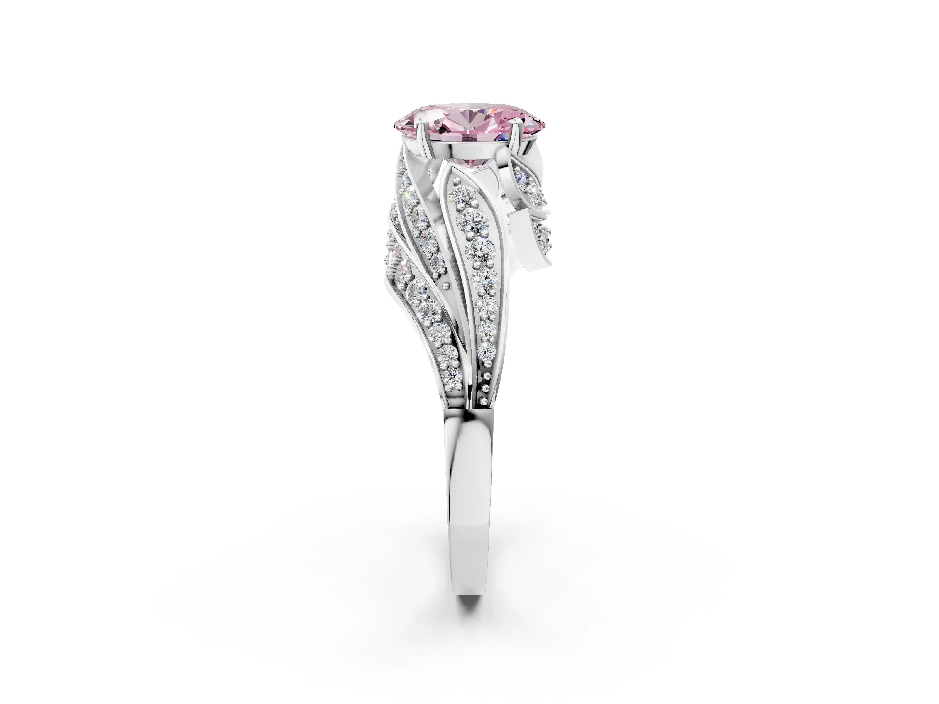 White gold Fancy Pink Oval Cut Diamond Solitaire Ring with Prong Setting and Twisted Pavé Band_26