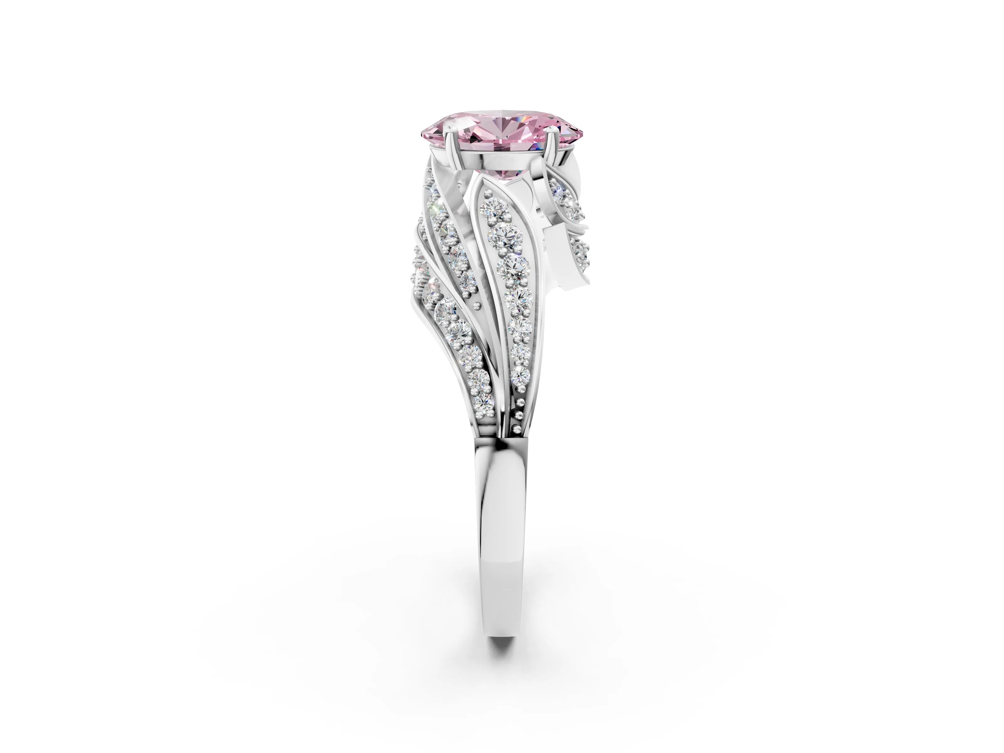 White gold Fancy Pink Oval Cut Diamond Solitaire Ring with Prong Setting and Twisted Pavé Band_2
