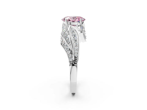 White gold Fancy Pink Oval Cut Diamond Solitaire Ring with Prong Setting and Twisted Pavé Band_2