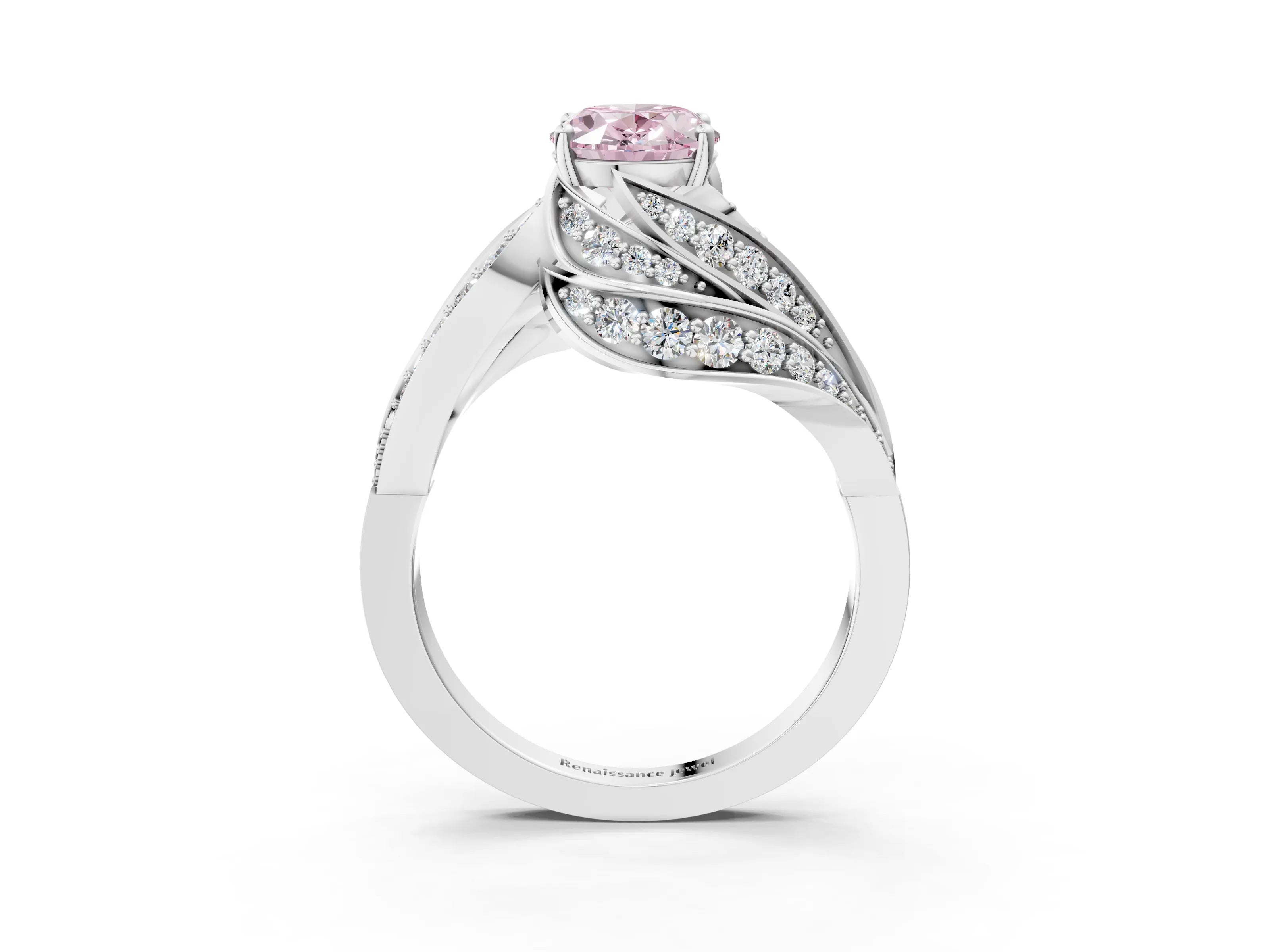 White gold Fancy Pink Oval Cut Diamond Solitaire Ring with Prong Setting and Twisted Pavé Band_3