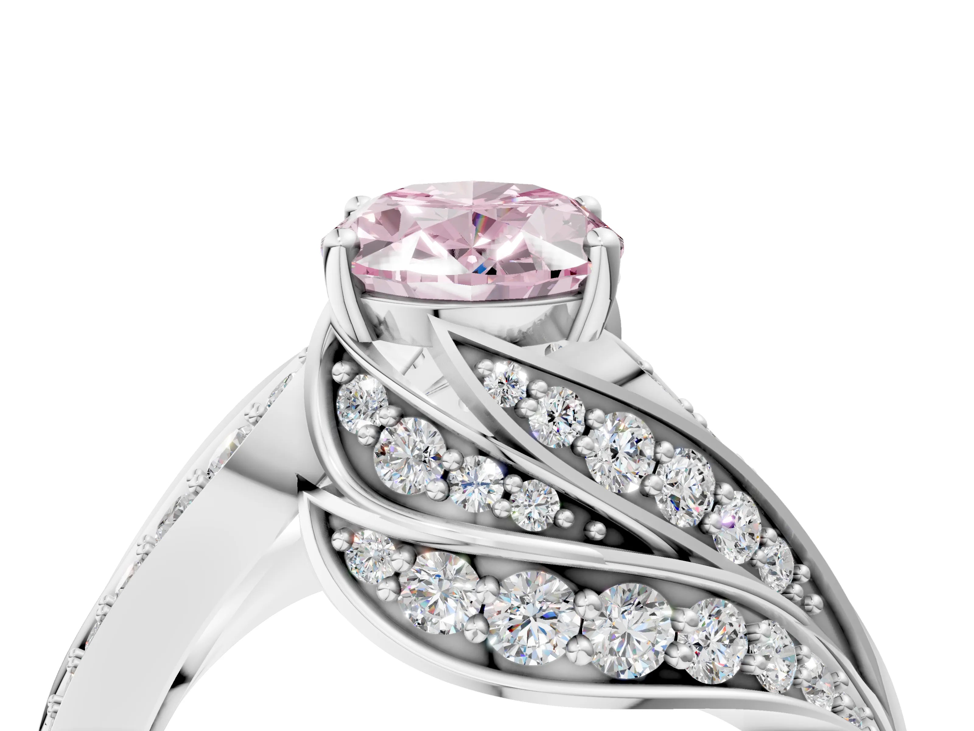 White gold Fancy Pink Oval Cut Diamond Solitaire Ring with Prong Setting and Twisted Pavé Band_4