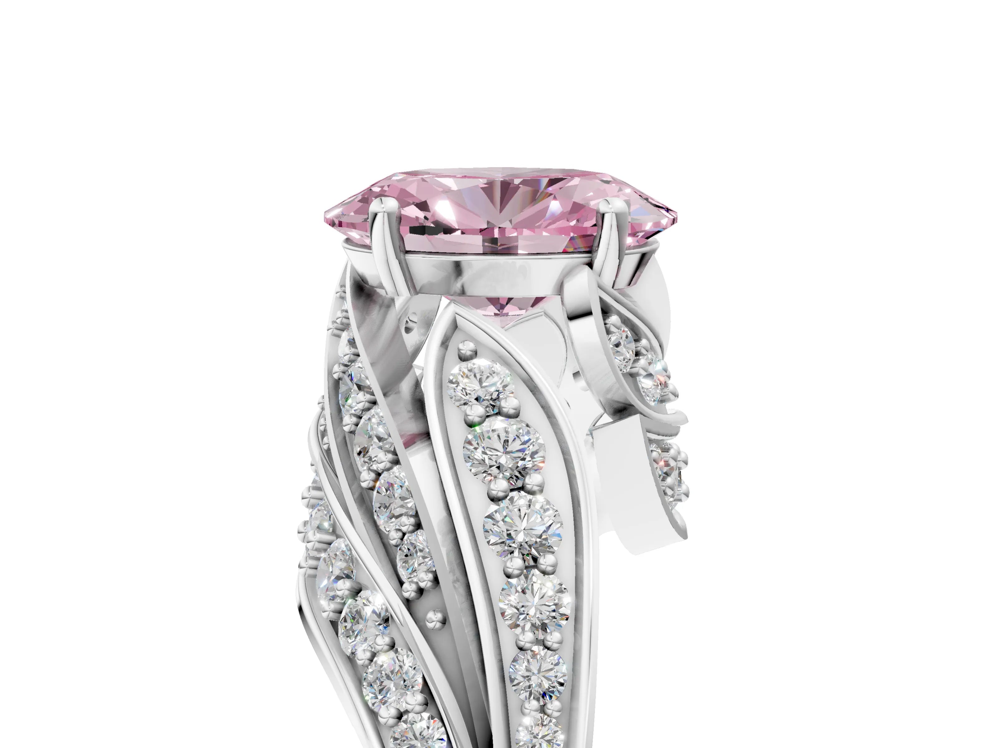 White gold Fancy Pink Oval Cut Diamond Solitaire Ring with Prong Setting and Twisted Pavé Band_5