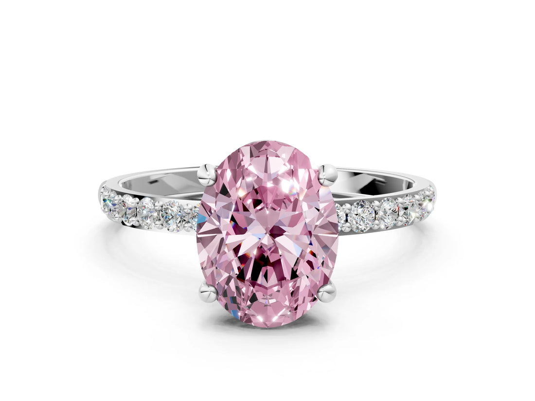 White gold Fancy Pink Oval Cut Diamond Solitaire Ring with Round  Pavé Band and Prong Setting_141