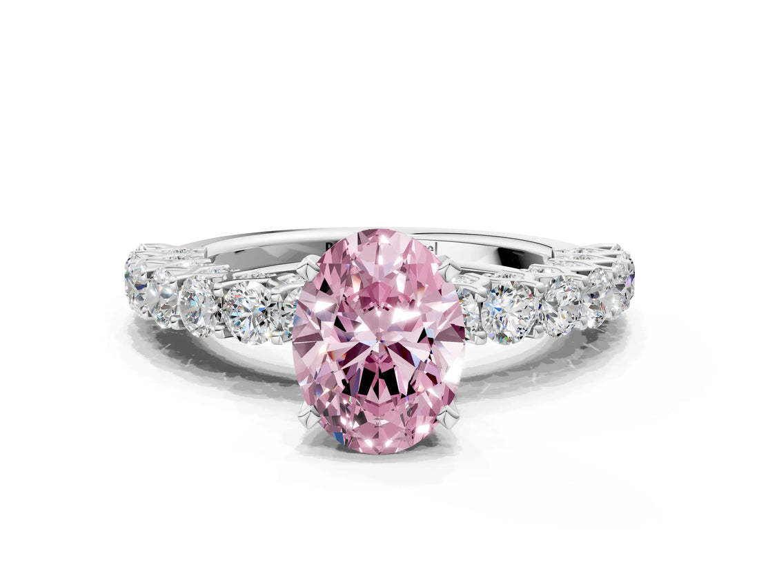 White gold Fancy Pink Oval Cut Diamond Solitaire Ring with Shared Prong Pavé Band and Four-Prong Setting_70