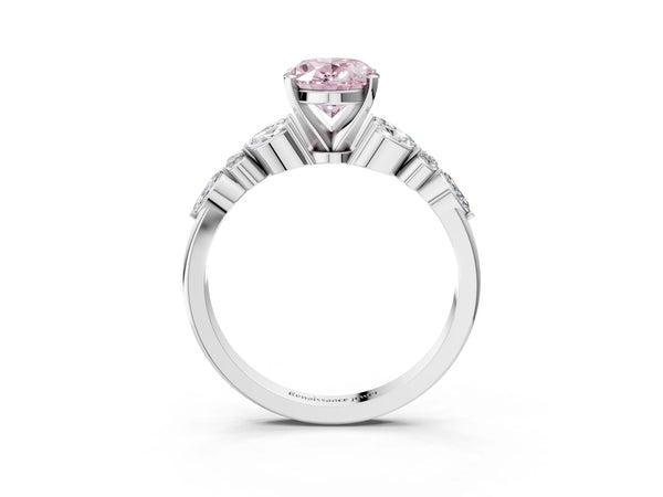 Platinum Fancy Pink Oval Cut Diamond Solitaire Ring with Side Stones and Four-Prong Setting